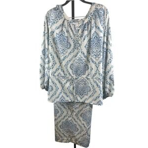 Beautiful by Lawrence Zarian Blue White Print 2-Piece Set Blouse Skirt Size 1X